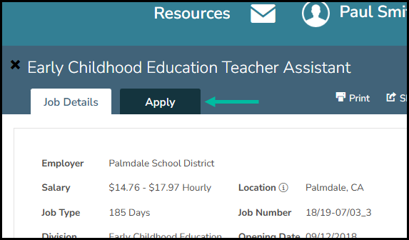 Job details and apply tabs