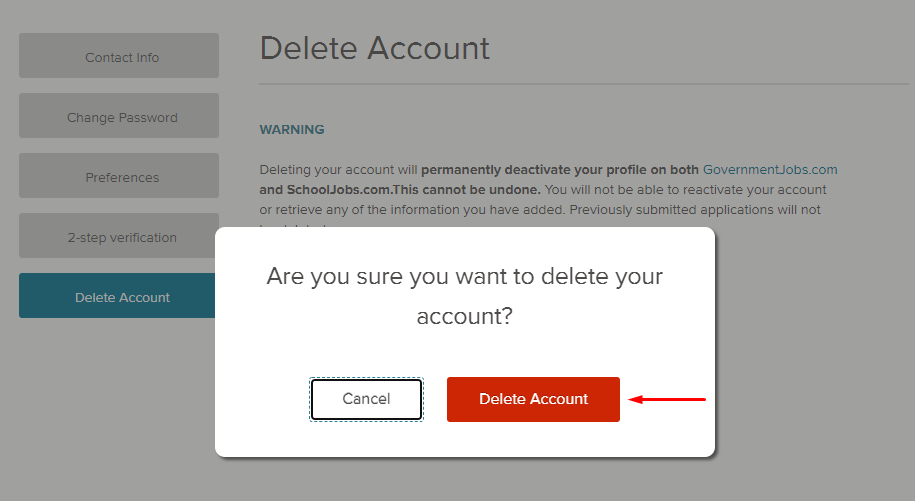Delete my account confirmation window